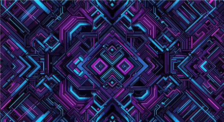 Vibrant futuristic background with a symmetrical geometric pattern of neon blue and purple circuits. Abstract digital technology concept