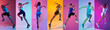 © master1305 - Group of six athletes captured in mid-jump on colorful neon collage. Concept of athletic performance, physical challenge, sports culture, and energetic lifestyle.