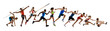 © master1305 - Isolated lineup of nine athletes sprinting, jumping, and throwing javelin on white collage. Concept of competition, sports action, dynamic training, performance, and athletics culture.