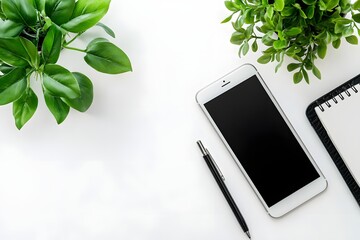 top view of minimalist white desk with smartphone, pen, and single green plant 
