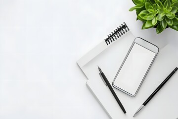 top view of minimalist white desk with smartphone, pen, and single green plant 
