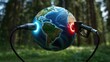 © Picza Booth - Electric Car Charging Connector and Gas Pump Nozzle Facing Globe Over Green Forest