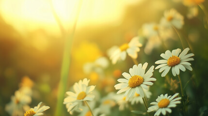 Wall Mural - flower chamomile daisy natural landscape banner. Chamomile flower field.