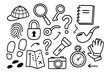 © Coosh448 - Detective Tools Icons. Hand-drawn doodle illustration detective clue detective hat, magnifying glass, notebook, fingerprint, key,