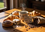 Photo of enjoy happy international coffee day with a cup of hot coffee, fresh croissants, and sweet cinnamon rolls on a wooden table in the morning sunlight
