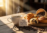 Photo of celebrate happy international coffee day with a cup of hot coffee, fresh croissants, and sweet cinnamon rolls on a wooden table in the morning sun