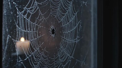 Spider on intricate web with candlelight background for Halloween  