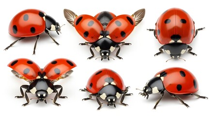Six ladybugs are displayed on a white background, showcasing different angles and positions, some with wings extended.
