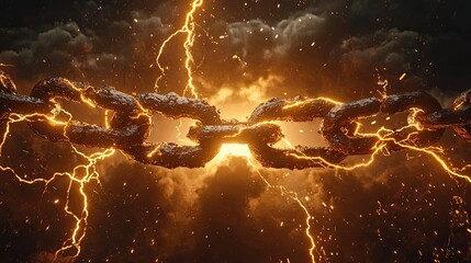 Wall Mural - a fiery chain against a dark, stormy sky with lightning bolts and glowing embers.
