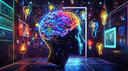 Wall Mural - a vibrant, colorful, futuristic brain with glowing lights and a door in the background.