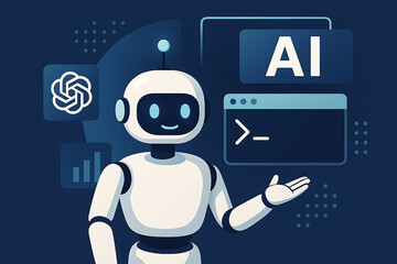 Artificial intelligence robot illustration with digital interface charts coding symbols futuristic technology and innovation concept