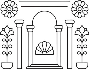 Elegant monochrome line art illustration of a classical garden structure with flowers and columns, , perfect for coloring books
