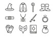 © Viacheslav - Wizard Attire Icons. Outline icon set of wizard attire: pointed hat, long cloak, staff, boots, belt, glowing
