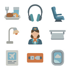 Wall Mural - In-Flight Services Icons. Flat icon set of in-flight services: airplane meal, headphones, reclining seat,