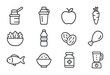 © Ivanja - Fitness Nutrition Icons. Outline icon set of nutrition for fitness: protein powder, shaker, apple, carrot,