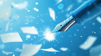 Wall Mural - A blue fountain pen with a spark of light and white paper falling around it on a blue background.