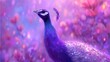 © Wildan - A vibrant purple peacock, adorned with shimmering details, stands amidst a soft, out-of-focus background of blossoming pink flowers.
