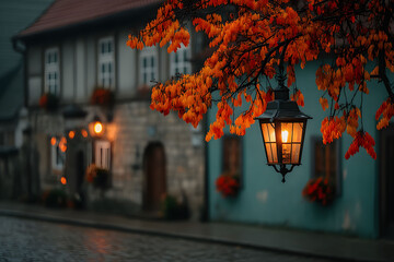 Wall Mural - Cozy Autumn Street with Vintage Lantern and Vibrant Foliage
