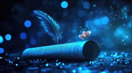Wall Mural - a blue scroll with a feather and hearts on a dark background with bokeh lights.