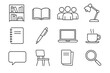 © Viacheslav - Library Study Icons. Outline icon set of library study sessions: bookshelf, open book, student group, lamp,