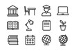 © Viacheslav - Study Space Icons. Outline icon set of higher education study spaces: library building, desk, chair, student,