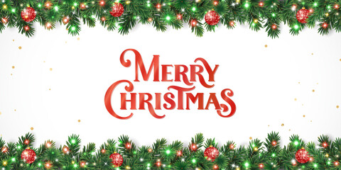 Wall Mural - Christmas holiday background. Christmas tree frame. Red ornaments and colorful Christmas lights. Glitter decoration. Merry Christmas lettering. For winter holiday headers, banners, party posters.
