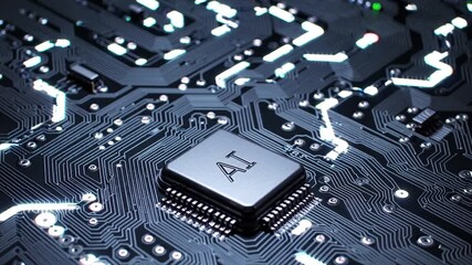 Representation of AI programming - Artificial Intelligence chip on a Circuit Board in Technology - Innovation and development - AI Processor on Motherboard - Future Technology - Semi Conductor