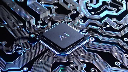 Representation of AI programming - Artificial Intelligence chip on a Circuit Board in Technology - Innovation and development - AI Processor on Motherboard - Future Technology - Semi Conductor