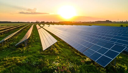 Extensive solar panel array stretches across a grassy field at sunset, showcasing a sustainable energy source.