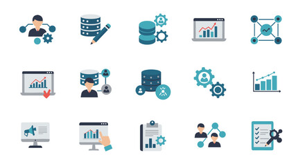 Flat icons for data management and analysis: charts, databases, collaboration