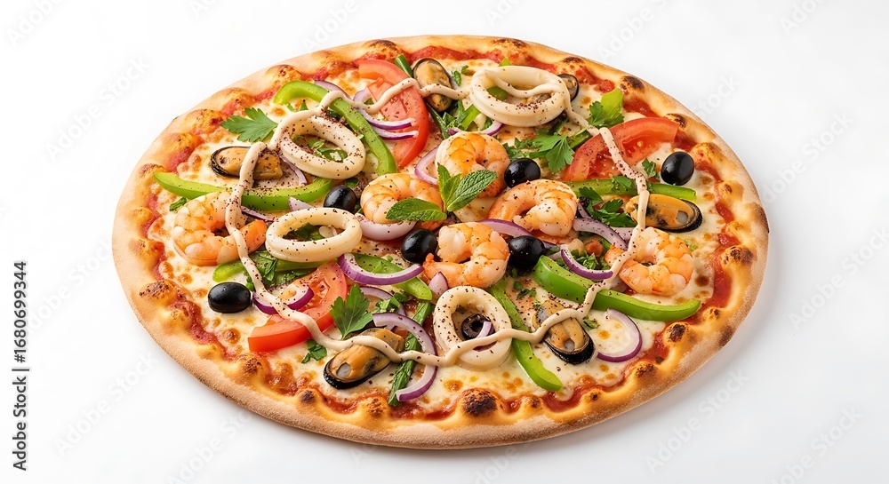 Seafood Pizza with Shrimp, Squid, and Mussels.