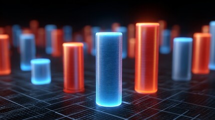 Dynamic Pillars of Data: A futuristic, cinematic view presents a network of glowing columns, symbolizing the interconnectedness of information in a digital age.