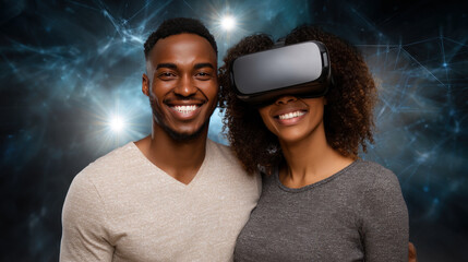 Digital world, newest technologies for entertainment concept, collage. Young couple in white t-shirts using modern virtual glasses, making hands movements isolated in neon, panorama