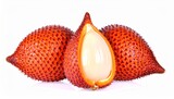 Three ripe salak fruits, one halved, showcasing their reddish-brown scales and creamy white flesh against a clean white background.