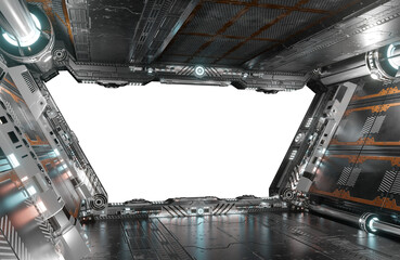 Wall Mural - Metallic spaceship interior with isolated cut out transparent window. Glossy starship corridor with glowing lights. 3D rendering