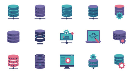 Database management system icons in flat style