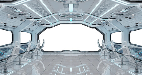 Wall Mural - White futuristic spaceship cockpit with isolated cut out transparent window. Glossy starship interior with glowing lights. 3D rendering