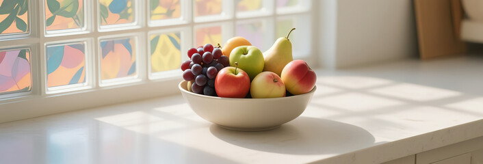 Fruit bowl with grapes, apples, pears, peaches on light countertop, glass block windows with soft sunlight casting colorful diffused shadows, photorealistic