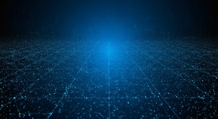 A blue digital grid with glowing nodes and lines extending into the distance