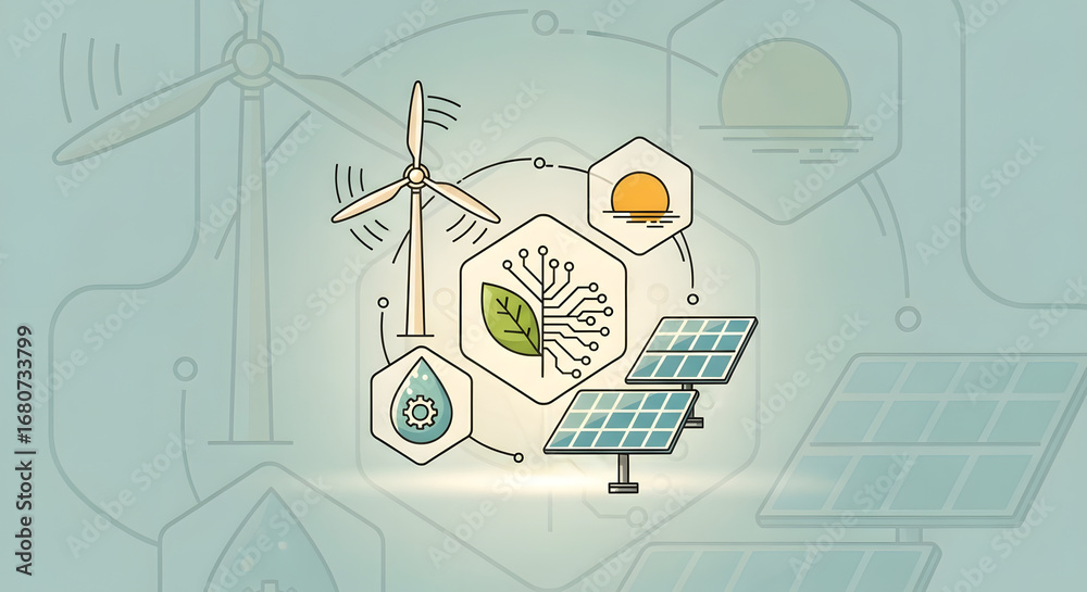 Illustration of sustainable technology with green city, renewable ...