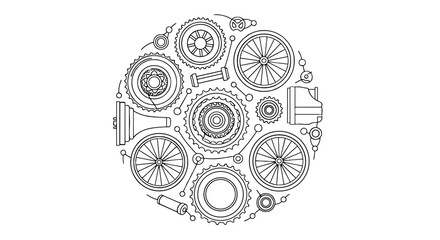 Bicycle parts arranged in circular pattern. Transportation, cycling, mechanics, industry, engineering, technology, vintage, retro, design, line art