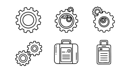 Set of mechanical gears, paired together. Conceptual suitcase icons for travel needs. Technology, engineering, innovation, industry, travel, briefcase, solutions, support.