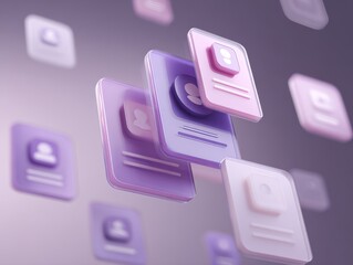 Colorful user interface elements hover above a soft gradient background. The design incorporates various icons and text fields, creating a dynamic and modern digital atmosphere.