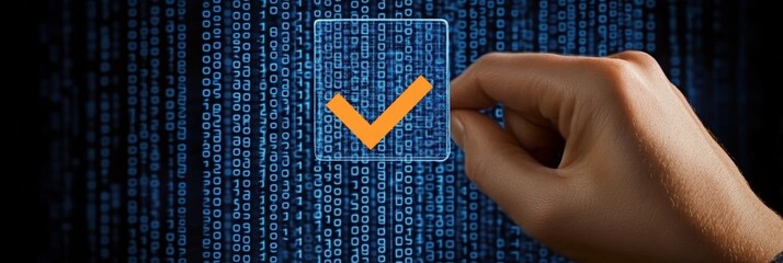 Digital Compliance and Data Security Concept with Hand Pressing Orange Checkmark on Binary Code