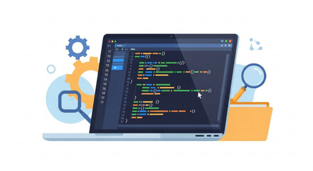 Laptop with coding interface, gears, magnifier, and folder, representing software development and technology
