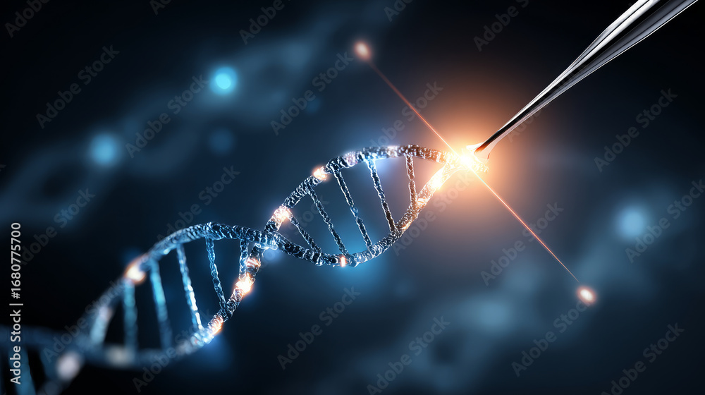 Blue DNA double helix with water molecule blue background. Human ...