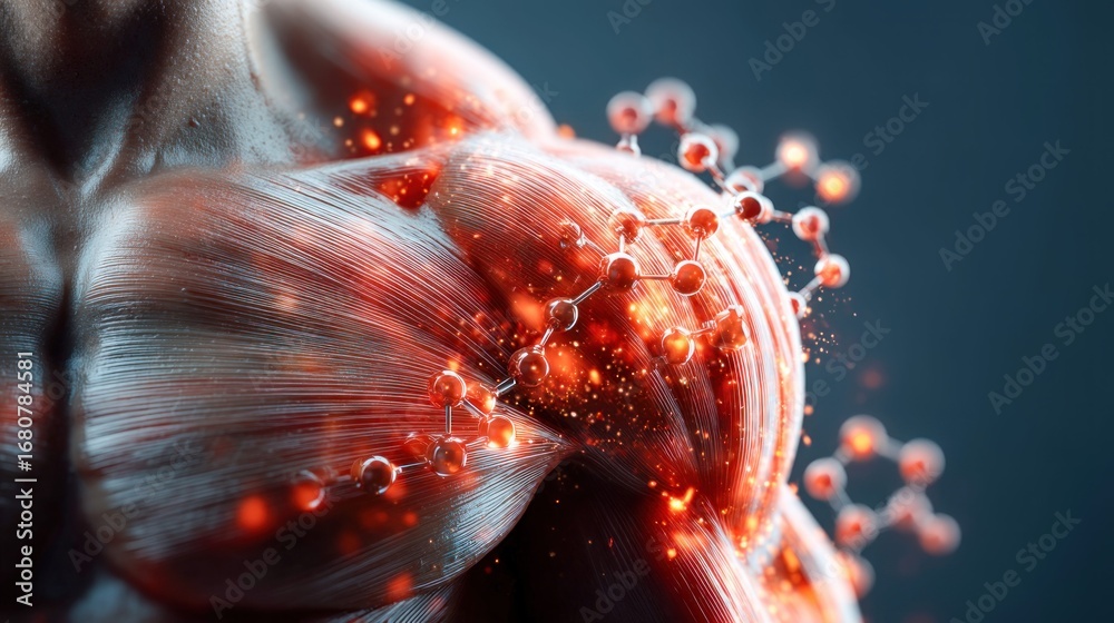 This image displays detailed anatomical art featuring muscle fibers and ...