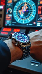 Male wearing luxury watch in futuristic control room with high-tech displays