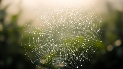 A spiderweb covered in water droplets outdoors