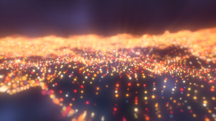 Wall Mural - glowing orange and red light dots form flowing waves across a dark abstract digital surface